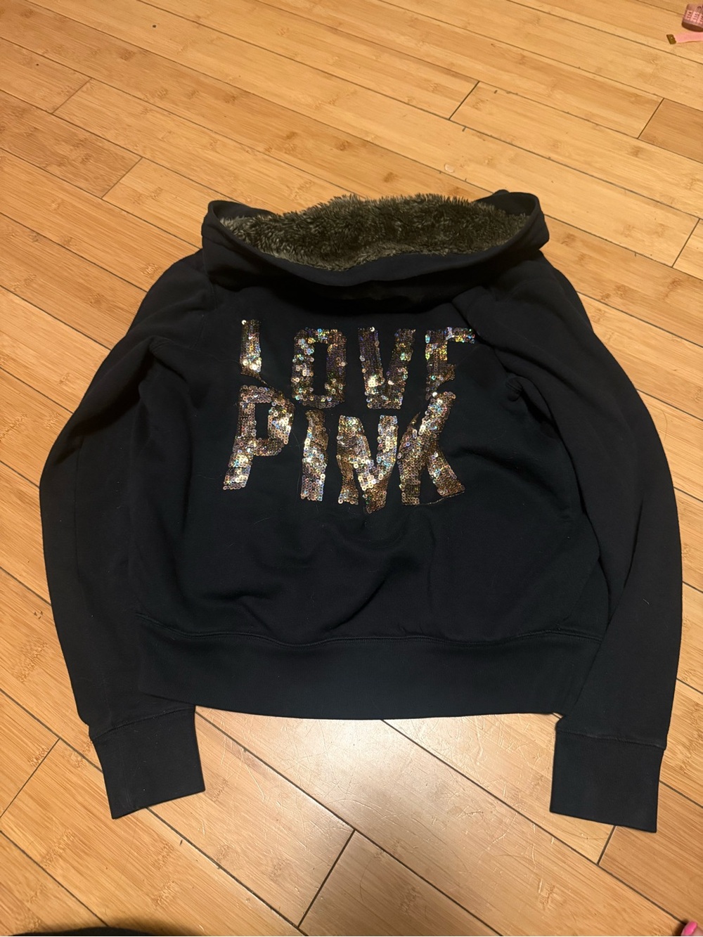 Victoria's Secret PINK Black 'Love PINK' Faux Fur Lined BLING  Hoodie small